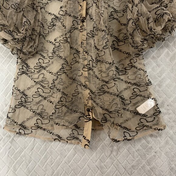 Fashion Nova Womens M Sheer Button Up Shirt Tan Brown Puff Sleeve Tie Neck - Picture 6 of 12